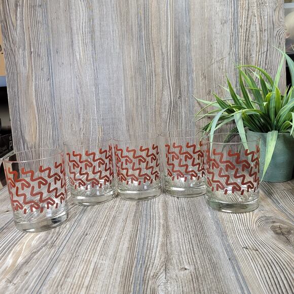 5 Vintage Old Fashioned Tumblers, Clear & Red  Geometric - Picture 2 of 4